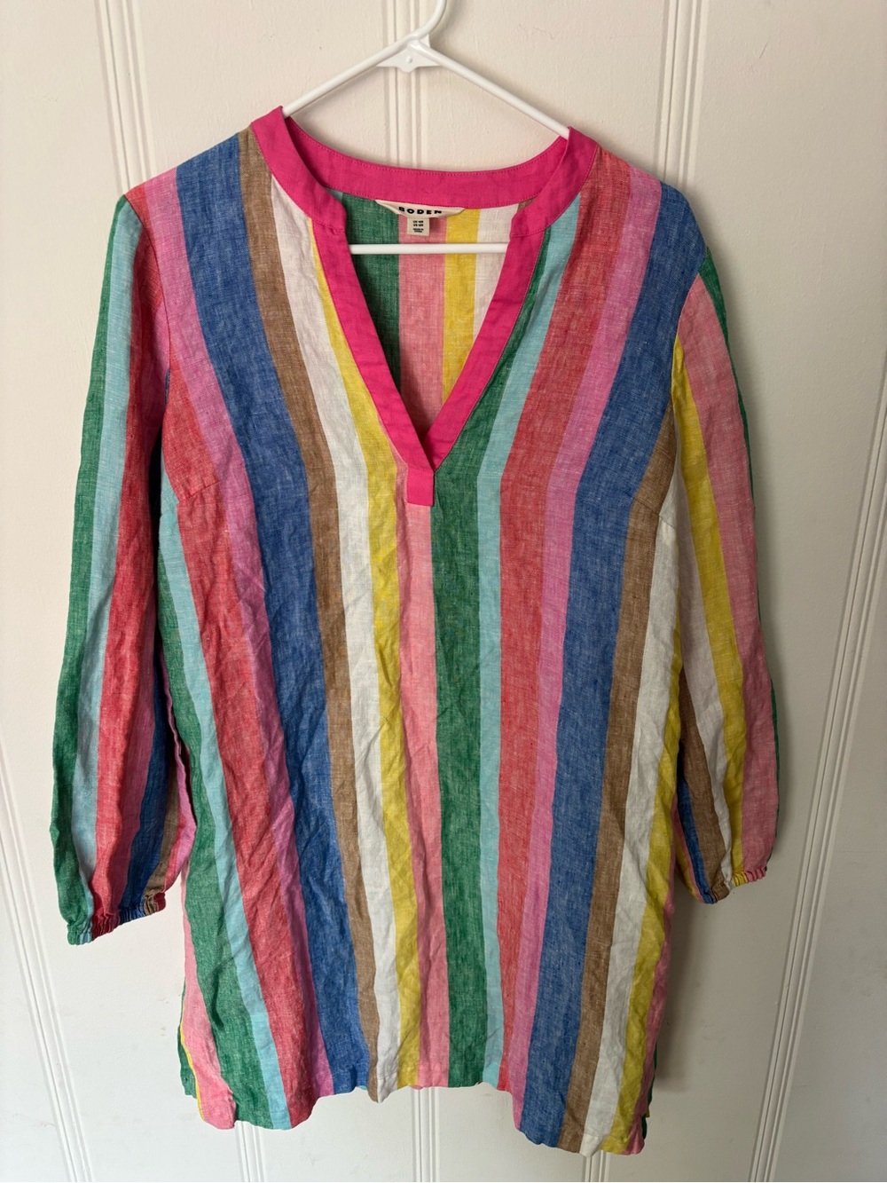 Boden Pink-Trim Multicolor Vertical Stripe Tunic 100% linen!! Great for the pool